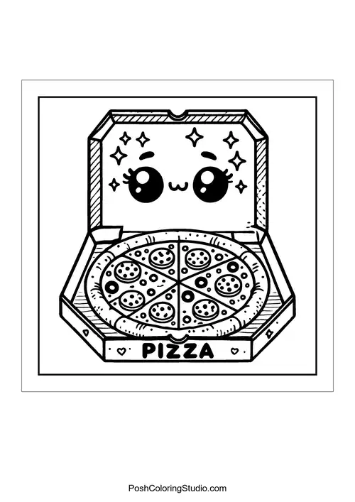 A pizza slice with a big smile and sparkles.
