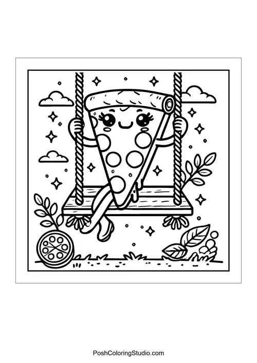 A cheerful pizza slice swings on a swing surrounded by clouds.
