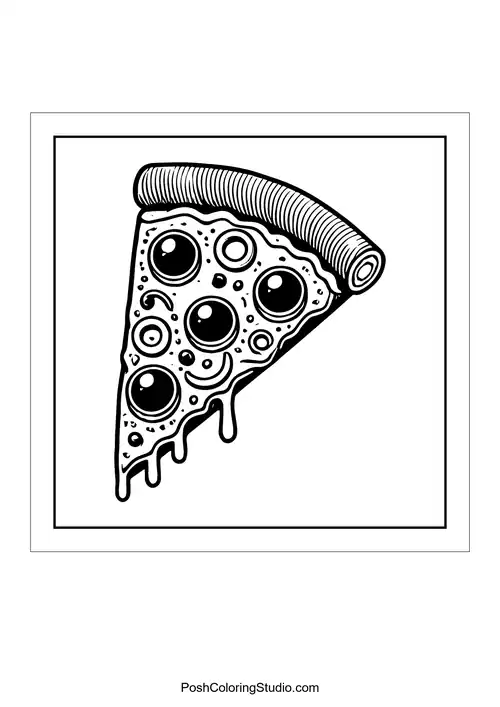 A slice of pizza with large black olives and dripping cheese.