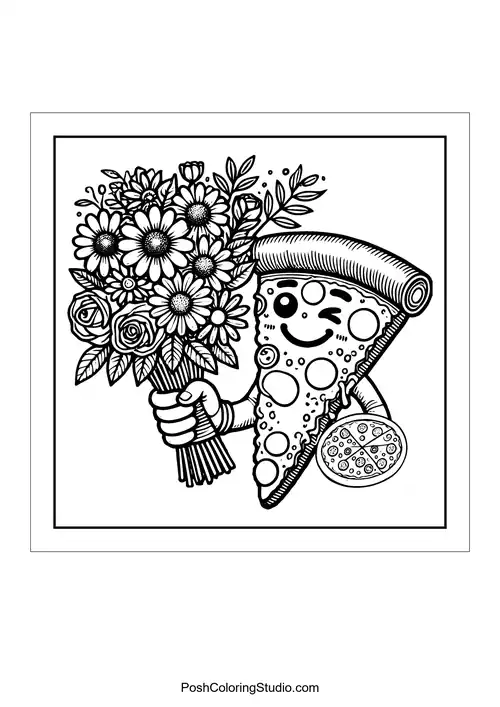 A pizza slice holds a bouquet of flowers with a smiling face.