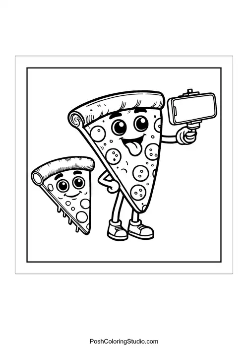 A slice of pizza taking a selfie with a smaller slice.