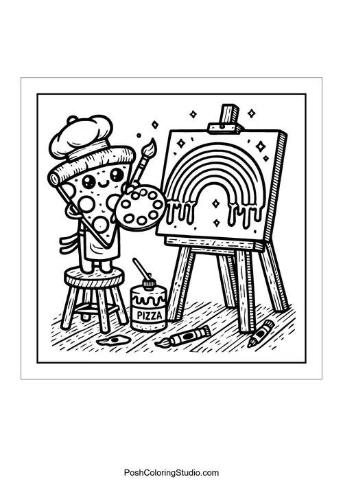 A pizza slice artist paints a rainbow on an easel.