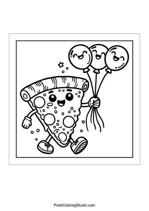 A slice of pizza holding balloons while walking.