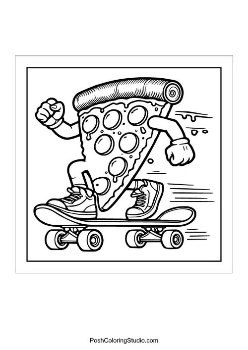 A slice of pizza skateboarding with determination.