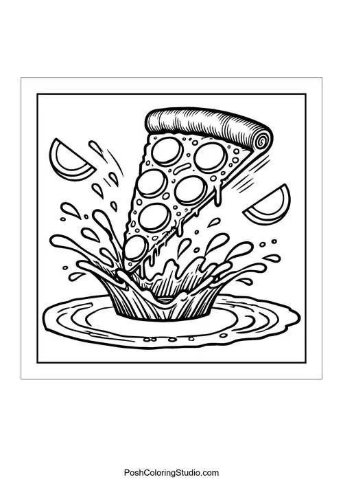 A slice of pizza splashing into a puddle.