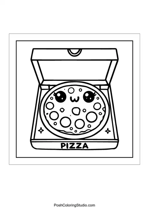 A pizza in a box with a cute face.