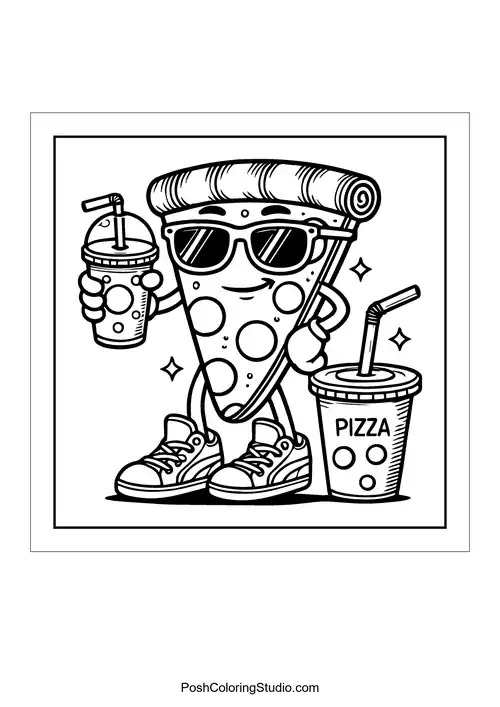 A pizza slice holding drinks and wearing sunglasses.