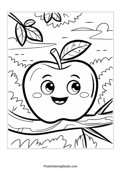 A cheerful apple on a branch with a sunny background.