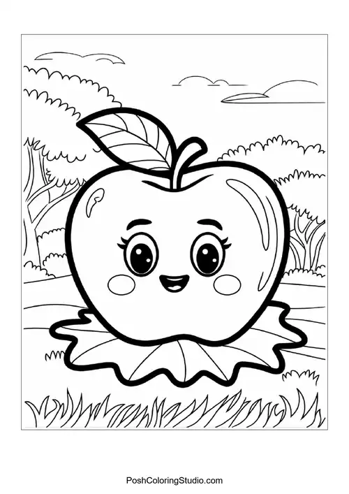 A cute apple with a leaf, sitting on a grassy patch.