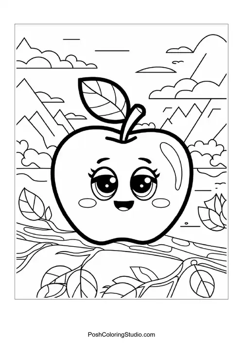 A smiling apple surrounded by trees and a sunny sky.