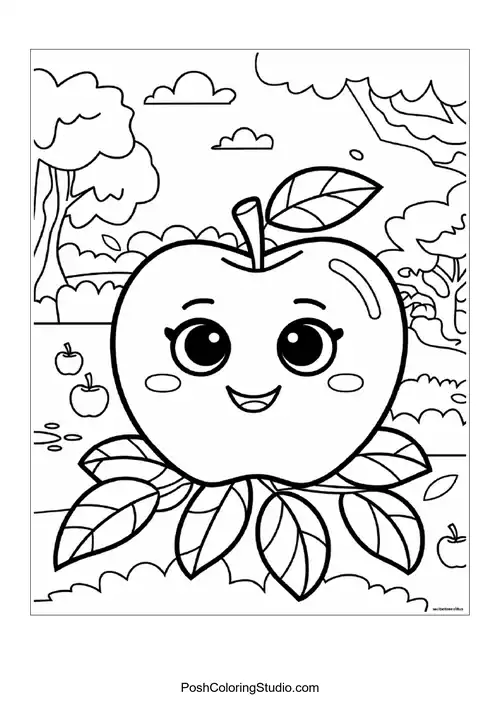 A happy apple with a leaf, sitting on a leaf base.