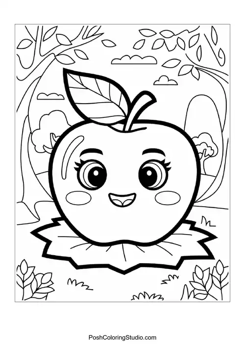 A cheerful apple with a leaf, surrounded by flowers.