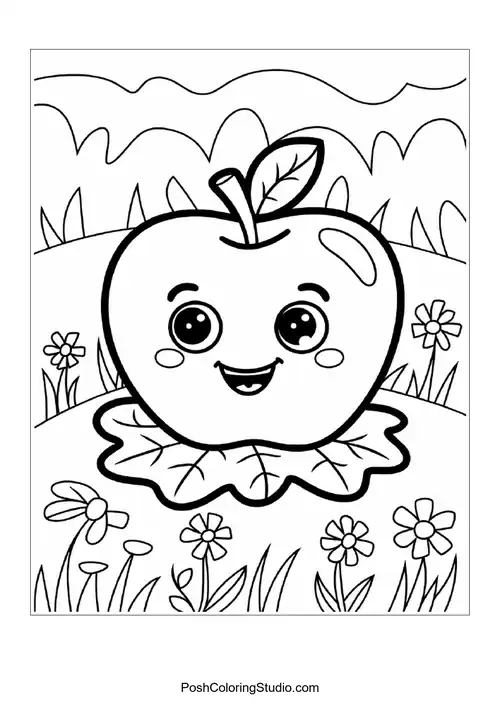 A smiling apple with a leaf, sitting on a grassy area.
