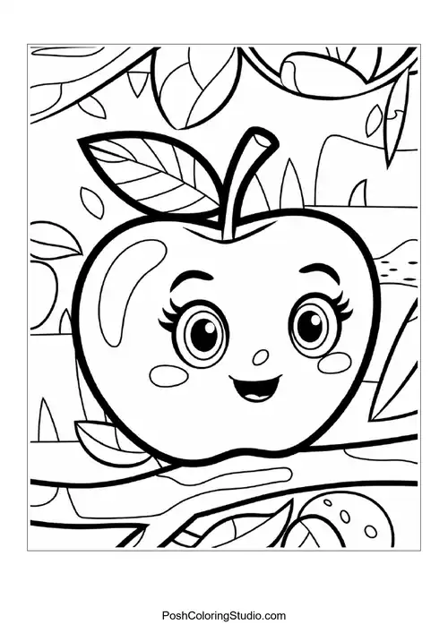 A cute apple with a leaf, surrounded by branches.