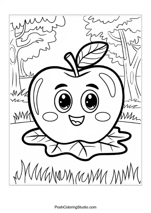 A smiling apple on a leaf with a sunny background.