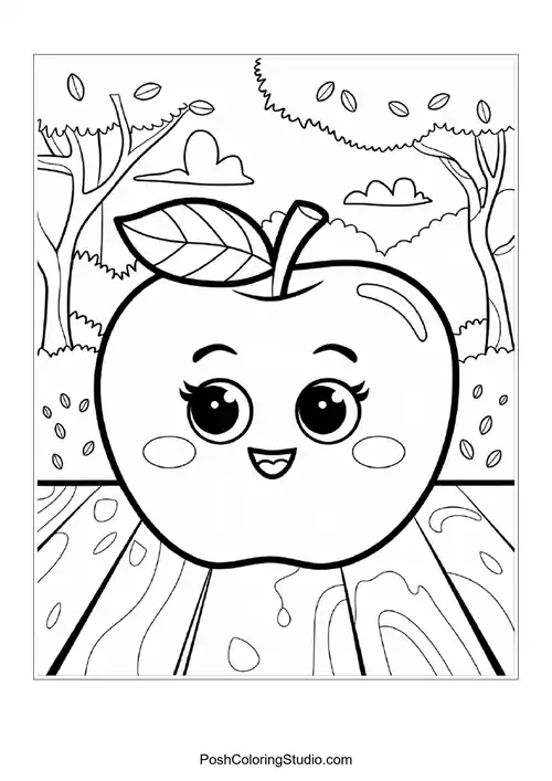 A happy apple with a leaf, sitting on a grassy patch.