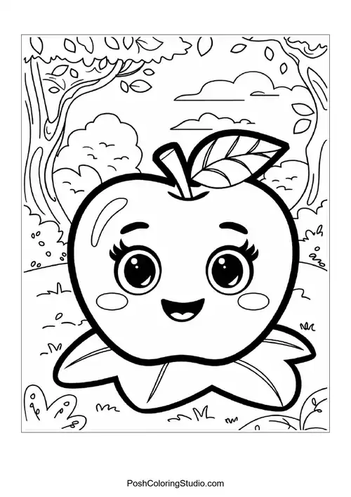 A smiling apple with a leaf, surrounded by flowers.