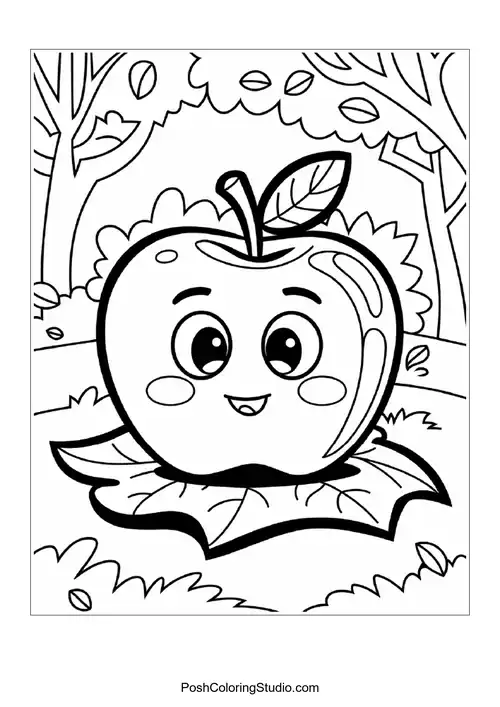A happy apple with a leaf, surrounded by trees.