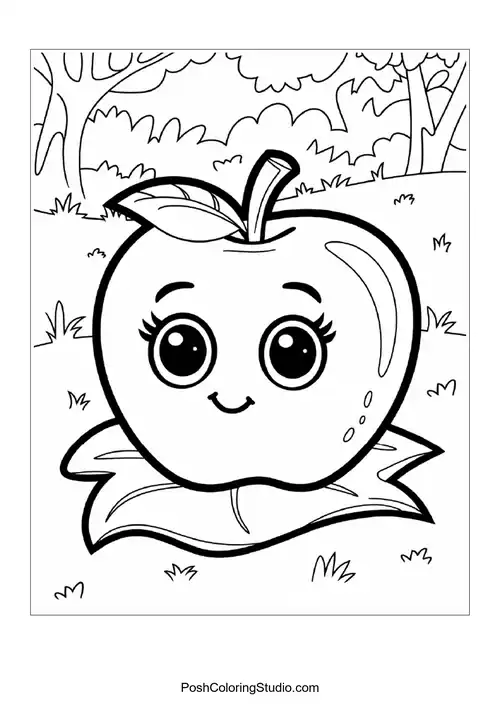 A cheerful apple with a leaf, sitting on a leaf base.
