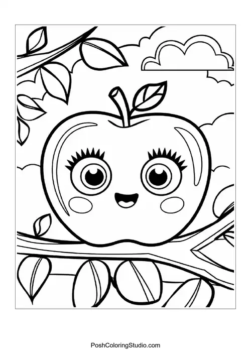 A cute apple with a leaf, surrounded by branches.