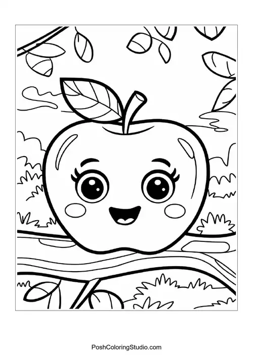 A smiling apple on a leaf with a sunny background.