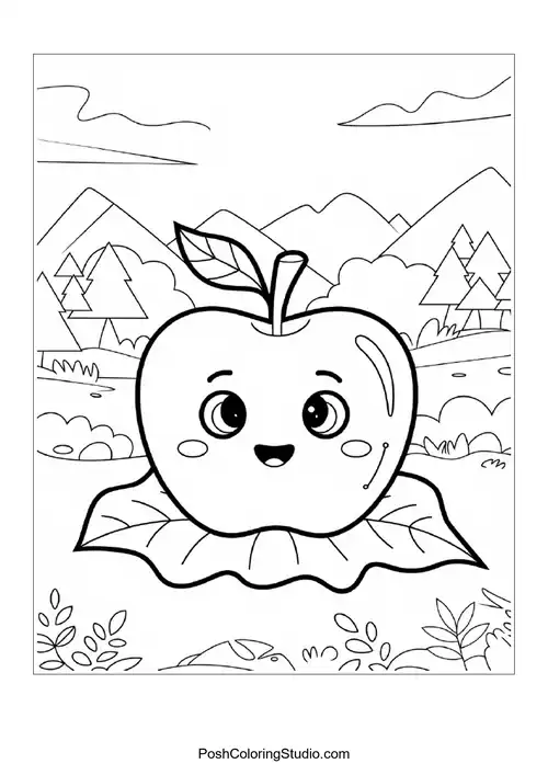A happy apple with a leaf, sitting on a grassy area.