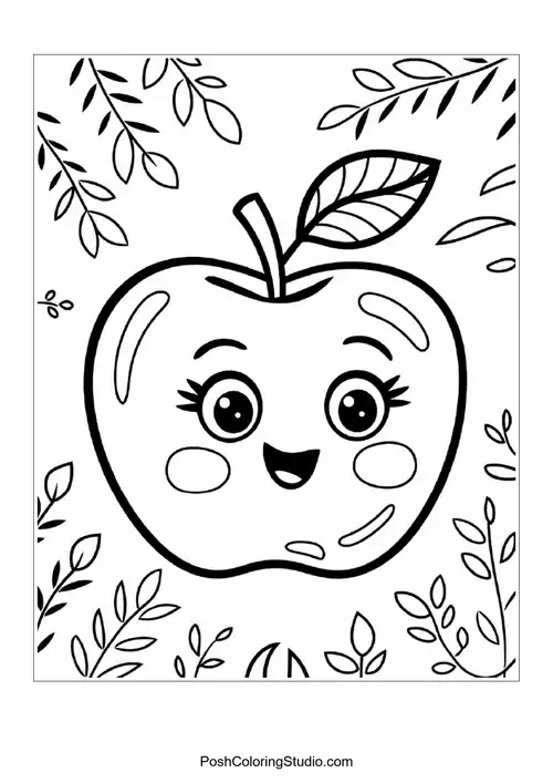 A smiling apple with a leaf, surrounded by flowers.