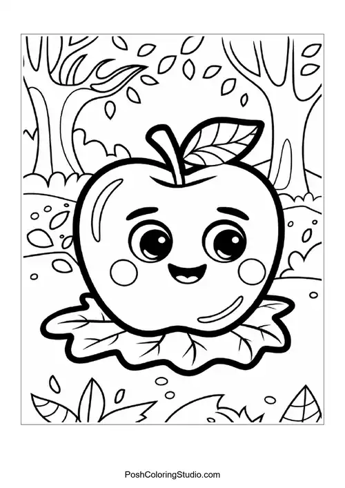 A cheerful apple with a leaf, sitting on a leaf base.