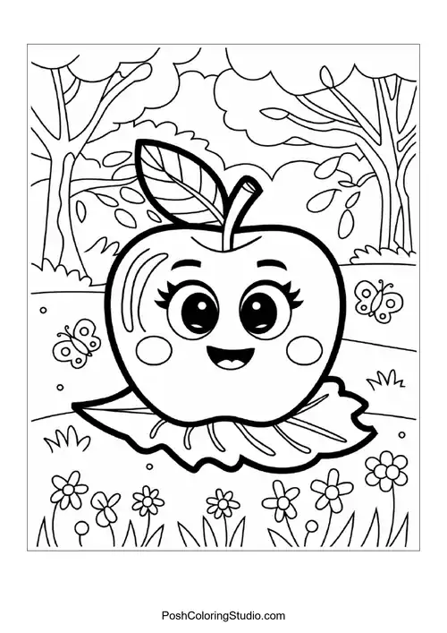 A cute apple with a leaf, surrounded by branches.