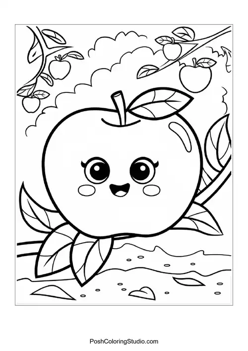 A smiling apple on a leaf with a sunny background.