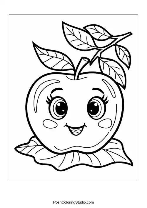 A happy apple with a leaf, sitting on a grassy area.