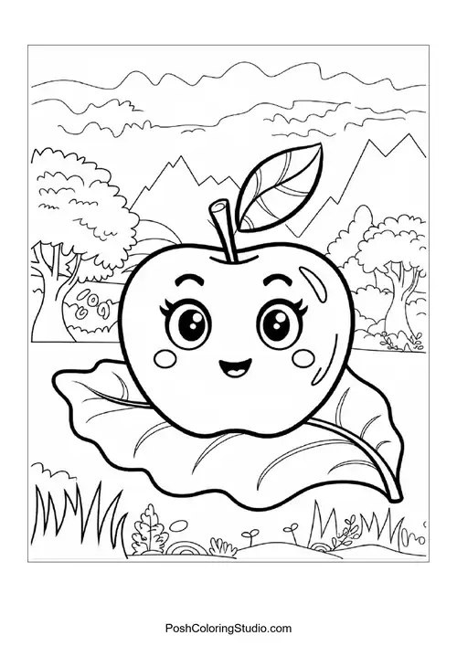 A smiling apple with a leaf, surrounded by flowers.