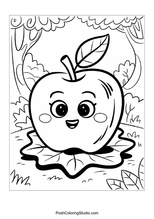 A joyful apple with a leaf, sitting on a leaf base.