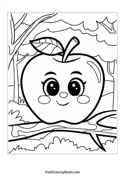 A cheerful apple with a leaf, sitting on a leaf base.
