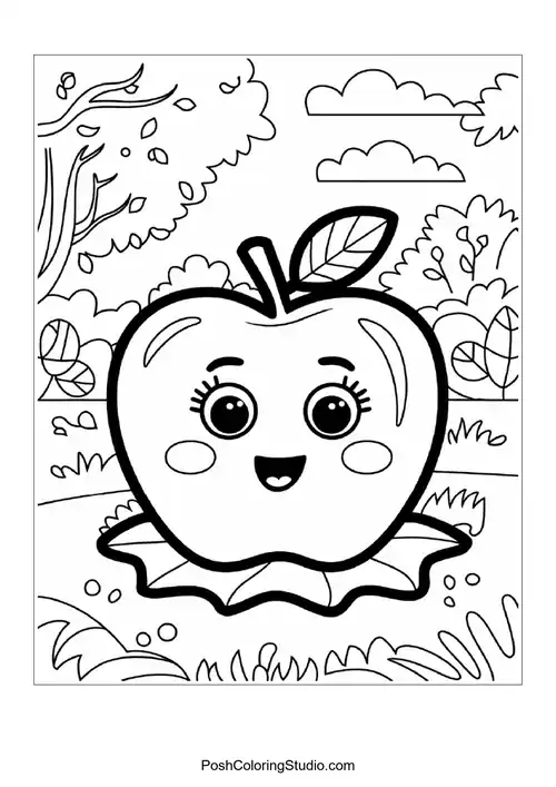 A cute apple with a leaf, surrounded by branches.