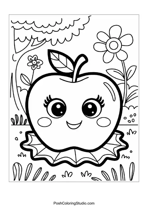 A smiling apple on a leaf with a sunny background.