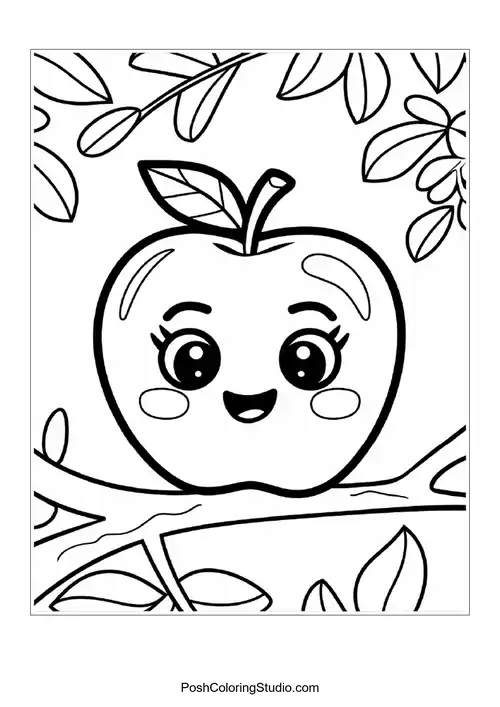 A happy apple with a leaf, sitting on a grassy area.