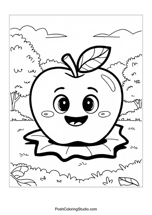 A smiling apple with a leaf, surrounded by flowers.