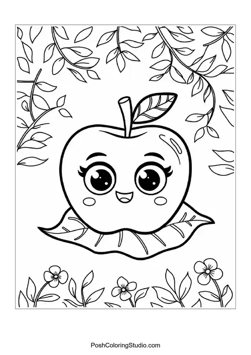 A cheerful apple with a leaf, sitting on a leaf base.