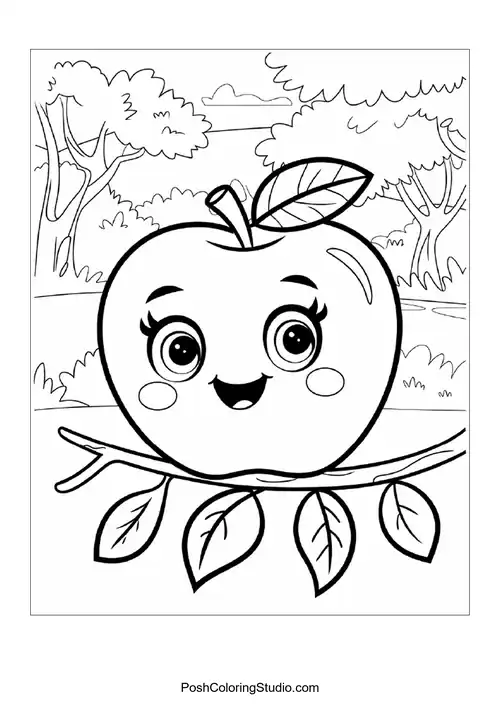 A cute apple with a leaf, surrounded by branches.