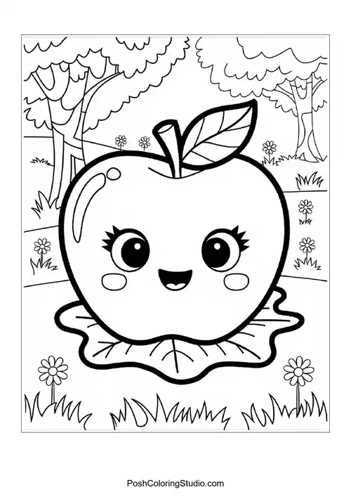 A smiling apple on a leaf with a sunny background.