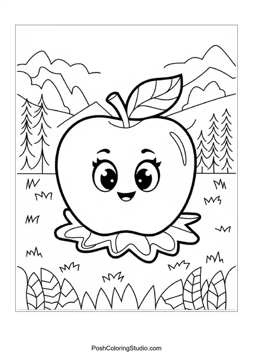 A happy apple with a leaf, sitting on a grassy area.