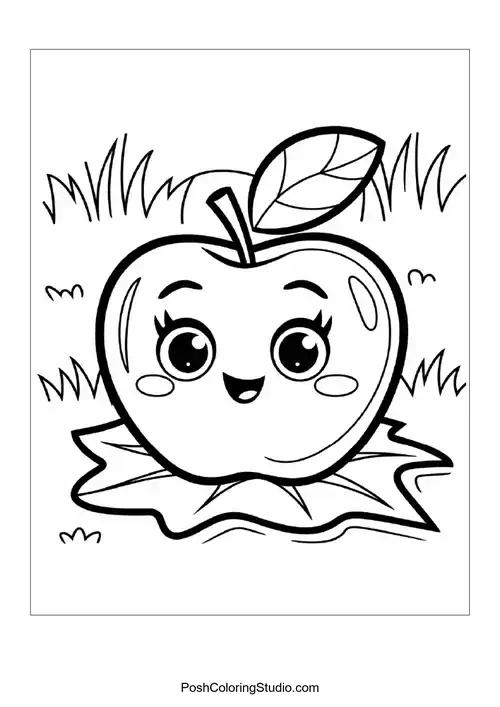 A smiling apple with a leaf, surrounded by flowers.