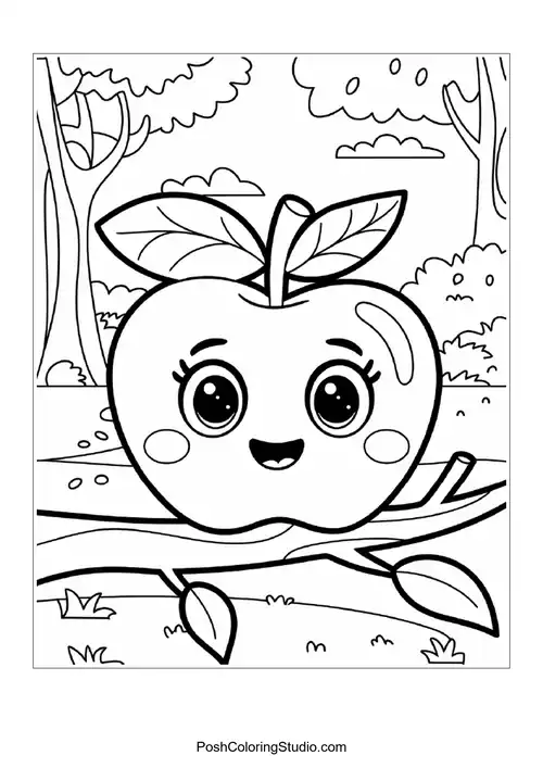 An apple with a leaf on a branch, smiling happily.