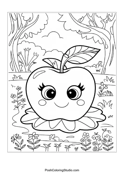 A cheerful apple with a leaf, sitting on a leaf base.
