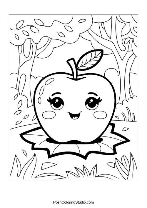 A cute apple with a leaf, surrounded by branches.