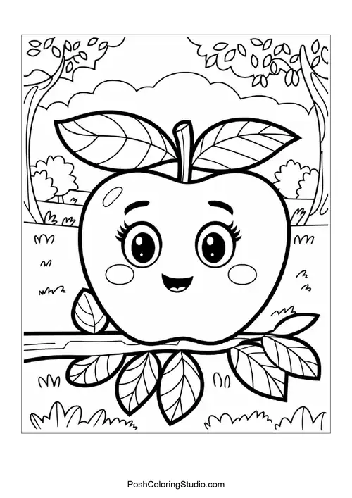 A smiling apple on a leaf with a sunny background.