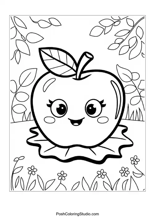 A happy apple with a leaf, sitting on a grassy area.
