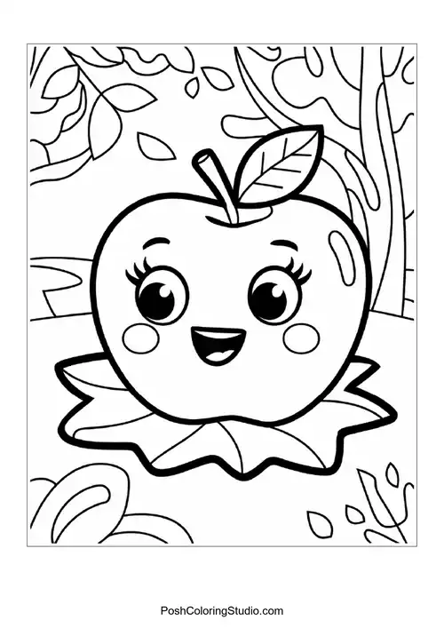 A smiling apple with a leaf, surrounded by flowers.