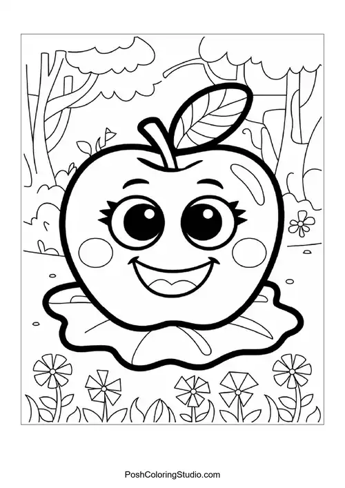 A cheerful apple with a leaf, sitting on a leaf base.